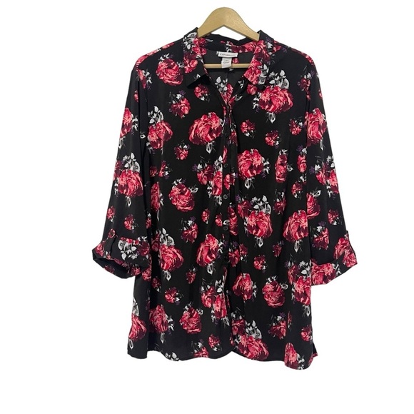 Catherine’s Black Red Rose Print 3/4 Sleeve Button Up Shirt Size 2X - Picture 1 of 5